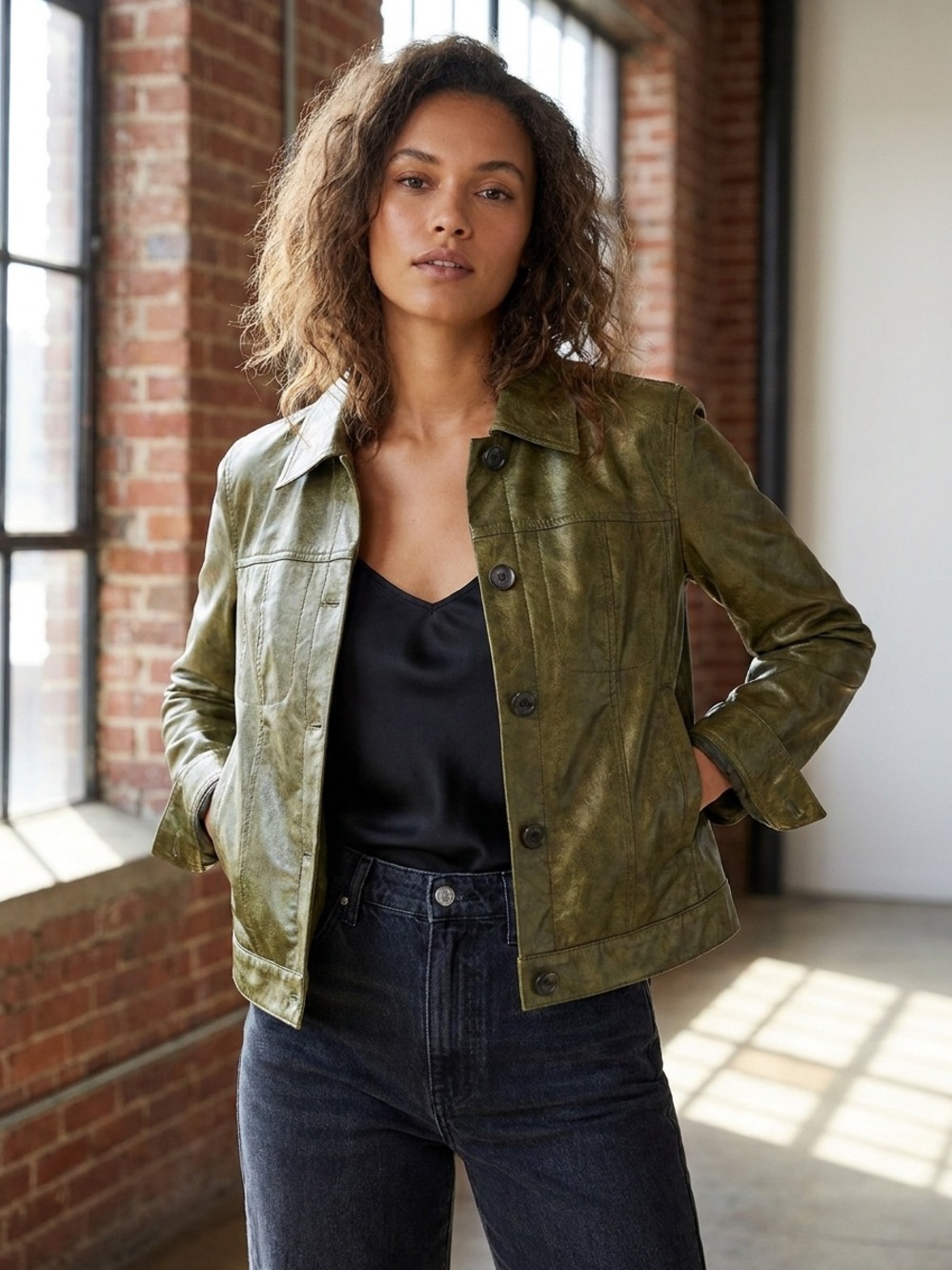 Olive Green Button-Front Jacket - Women's